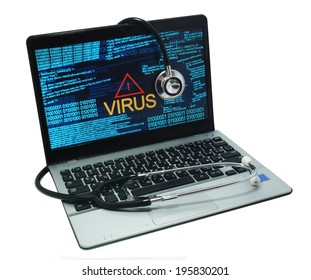  Stethoscope lying on laptop. Laptop infected by virus 