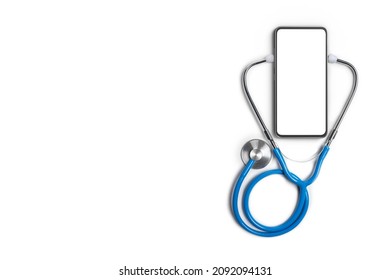 Stethoscope And Mockup Phone Isolated On White Background. Mockup Phone With Stethoscope Checks Health. Online Medical Clinic Communication With Patient. Telemedicine Concept. Doctor Online