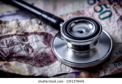 Stethoscope On Banknotes Bolivarian, Shady Deal Of Medicines In Full Crisis Of Latin American Country, Conceptual Image