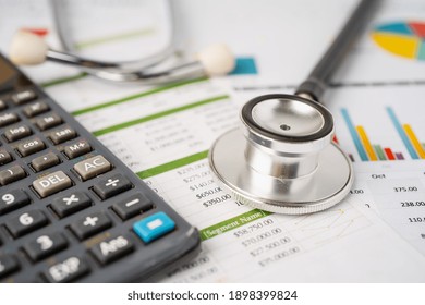 Stethoscope On Calculator, Finance, Account, Statistics, Analytic Research Data And Business Company Medical Health Concept.