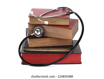 Stethoscope On Old Hardback Books Concept For Medical Research Or Ethic