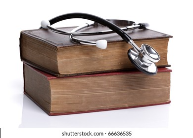 Stethoscope On Old Hardback Books Concept For Medical Research Or Ethic