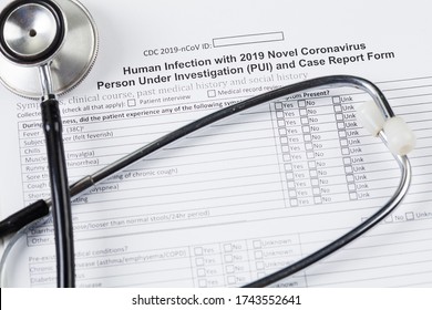 Stethoscope And Patient Case Report Form On Desk In Doctor's Practice,COVID-19 Patient Serologic Antigen PCR Testing,treatment And Therapy Concept,Coronavirus Health Check Up,pandemic Outbreak Crisis