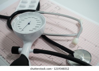 Stethoscope Resting On An Electrocardiogram Pattern

