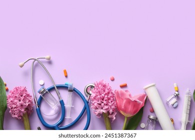 Stethoscope with syringes, ampules and flowers for International Nurses Day on lilac background - Powered by Shutterstock