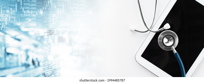 Stethoscope And And Tablet Computer For Tele Medicine Health Business Concept On White Banner Background	