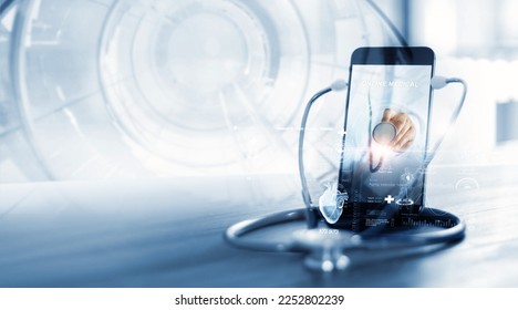  Stethoscope wear with smartphone, Doctor through the phone screen check health. Online medical consultation,Virtual hospital, online medical and medicine clinic connect and communication with patient - Shutterstock ID 2252802239