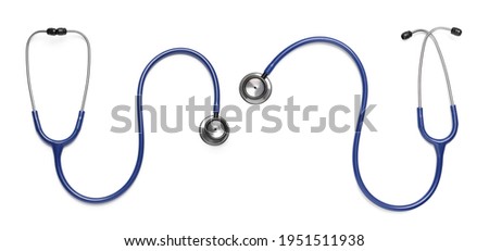 Stethoscopes on white background, top view. Banner design