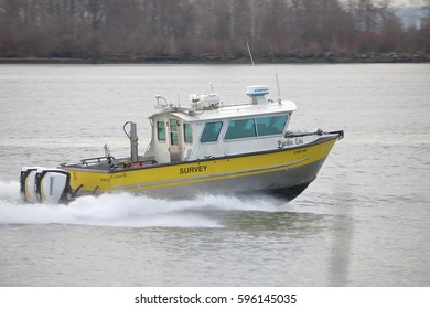 STEVESTON - MARCH 8,2017: A Canadian Federal Government Fisheries Boat Inspects Steveston Harbor On Canada's West Coast On March 8, 2017.