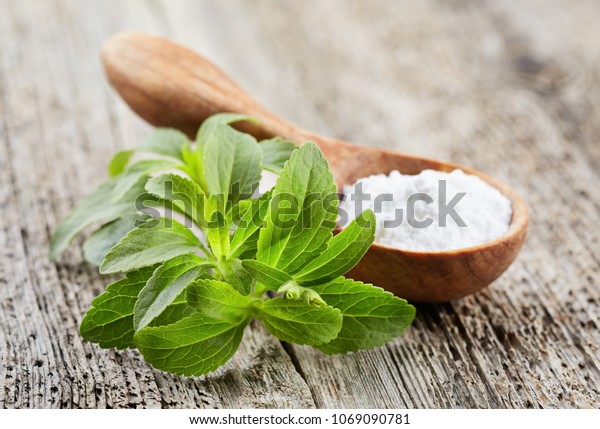 Stevia plant with\
powder on wooden board