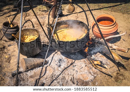 Stew or soup in iron pot or cauldron on a campfire. Homemade food at historical reenactment of Slavic or Vikings lifestyle from around 11th century, Cedynia, Poland