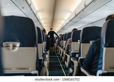 Stewardess Walk In The Cabin In The Plane.