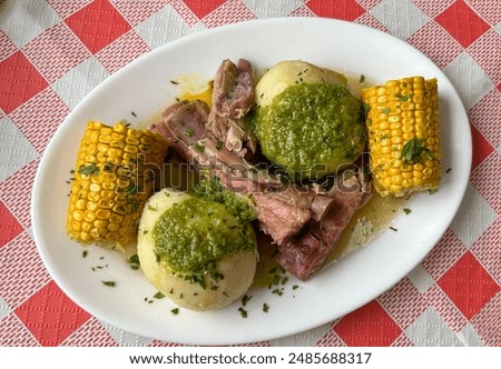 Stewed ribs, potatoes and corn, typical Canary Islands dish