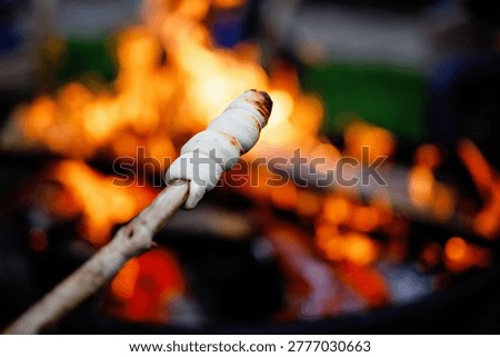 Stick bread twisted on skewer or stick, roasted on flame of fire. Popular party and camp barbecue food in Germany called Stockbrot. Fun for children. Healthy snack.