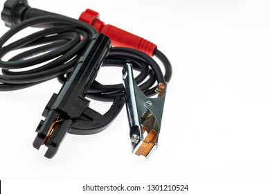 Stick Electrode Holder, Cable And Twist For Welding Machine On White Background.