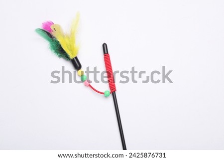 Stick with feathers on a white background. Cat toy