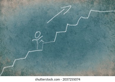 Stick Figure Walking Up The Stairs, Chalkdrawing On A Blue Textured Background, Increase Development