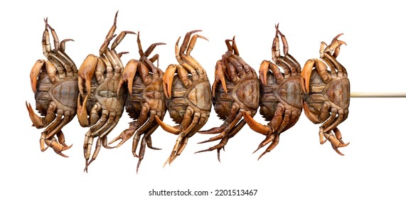 A Stick Of Grilled Baby Crabs, Isolated On White Background. Clipping Path