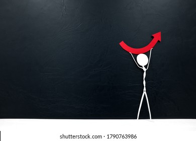 Stick Man Figure Holding Red Rebound Arrow Shape. Covid-19 Pandemic Crisis Economic Recovery Concept.