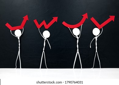 Stick Man Figures Holding Different Rebound Arrow Shapes. Covid-19 Pandemic Crisis Economic Recovery Concept.