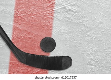 Stick And Puck On The Ice Hockey Rink. Concept, Hockey