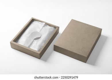 Sticker with cardboard box packaging mockup template with copy space for your logo or graphic design, isolate on white background