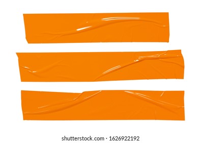 Sticker tape ripped torn pieces. Orange sticky plastic tapes set isolated on white background