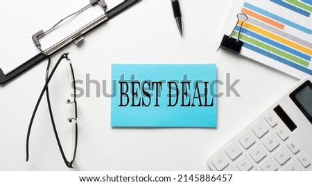 Stickers with chart,calculator and paper with text BEST DEAL on white background