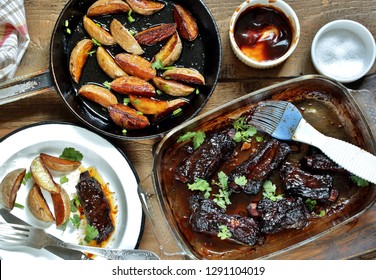 STICKY BEEF SHORT RIBS. With Potatoes On Country. Homemade Simple Lunch. Life  Style. Flatlay. 