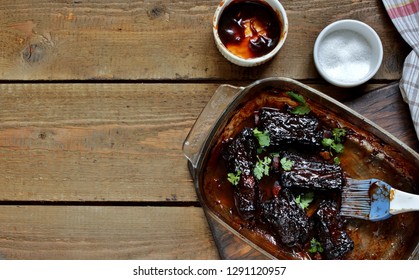 STICKY BEEF SHORT RIBS. With Potatoes On Country. Homemade Simple Lunch. Life  Style. Flatlay. Copy Space. Keto Diet Dish