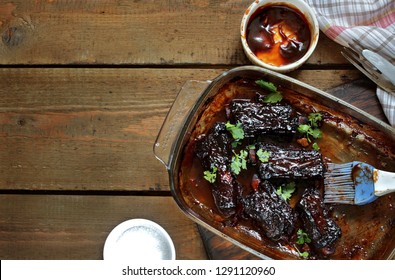 STICKY BEEF SHORT RIBS. With Potatoes On Country. Homemade Simple Lunch. Life  Style. Flatlay. Copy Space. 