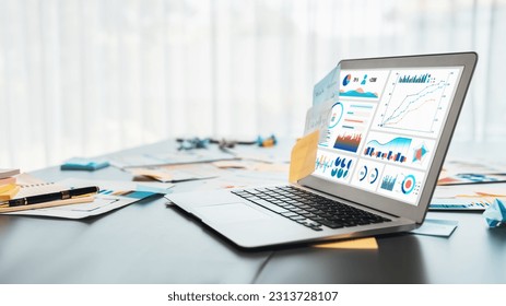 Sticky note for creative and analytic brainstorm for business idea with BI data dashboard on laptop screen. Analysis financial data visualization tech for marketing strategy. Prodigy