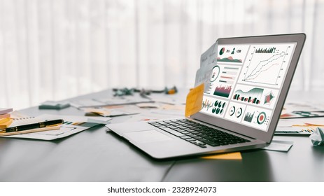 Sticky note for creative and analytic brainstorm for business idea with BI data dashboard on laptop screen. Analysis financial data visualization tech for marketing strategy. Prodigy