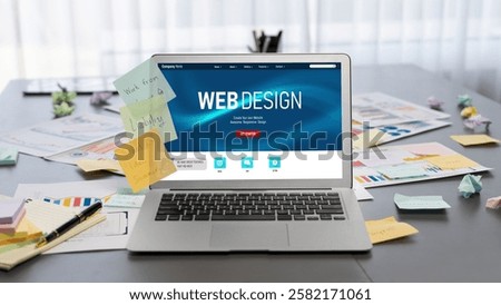Sticky note for creative and analytic brainstorm for business idea with BI data dashboard on laptop screen. Analysis financial data visualization tech for marketing strategy. Prodigy