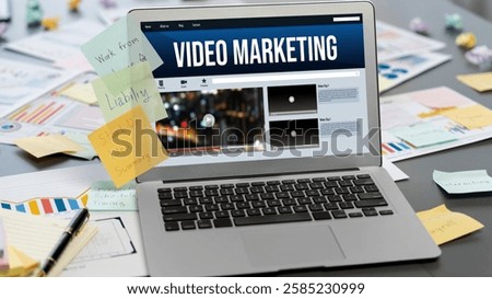 Sticky note for creative and analytic brainstorm for business idea with BI data dashboard on laptop screen. Analysis financial data visualization tech for marketing strategy. Prodigy