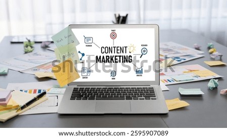 Sticky note for creative and analytic brainstorm for business idea with BI data dashboard on laptop screen. Analysis financial data visualization tech for marketing strategy. Prodigy