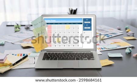 Sticky note for creative and analytic brainstorm for business idea with BI data dashboard on laptop screen. Analysis financial data visualization tech for marketing strategy. Prodigy