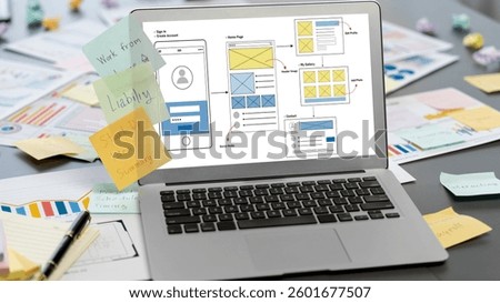 Sticky note for creative and analytic brainstorm for business idea with BI data dashboard on laptop screen. Analysis financial data visualization tech for marketing strategy. Prodigy