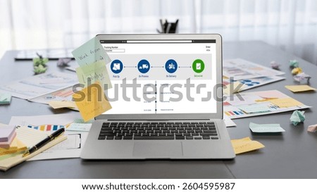 Sticky note for creative and analytic brainstorm for business idea with BI data dashboard on laptop screen. Analysis financial data visualization tech for marketing strategy. Prodigy