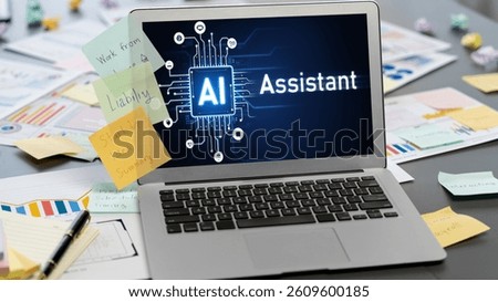 Sticky note for creative and analytic brainstorm for business idea with BI data dashboard on laptop screen. Analysis financial data visualization tech for marketing strategy. Prodigy