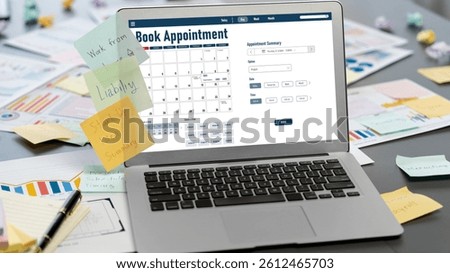 Sticky note for creative and analytic brainstorm for business idea with BI data dashboard on laptop screen. Analysis financial data visualization tech for marketing strategy. Prodigy