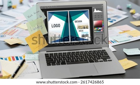Sticky note for creative and analytic brainstorm for business idea with BI data dashboard on laptop screen. Analysis financial data visualization tech for marketing strategy. Prodigy