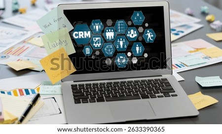 Sticky note for creative and analytic brainstorm for business idea with BI data dashboard on laptop screen. Analysis financial data visualization tech for marketing strategy. Prodigy
