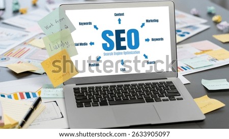 Sticky note for creative and analytic brainstorm for business idea with BI data dashboard on laptop screen. Analysis financial data visualization tech for marketing strategy. Prodigy