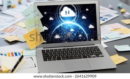 Sticky note for creative and analytic brainstorm for business idea with BI data dashboard on laptop screen. Analysis financial data visualization tech for marketing strategy. Prodigy