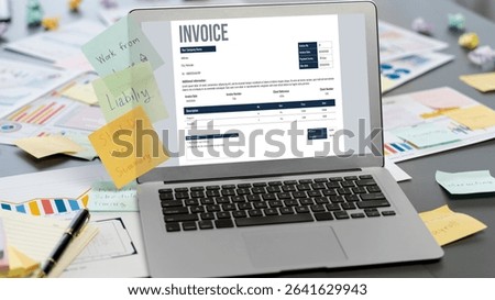 Sticky note for creative and analytic brainstorm for business idea with BI data dashboard on laptop screen. Analysis financial data visualization tech for marketing strategy. Prodigy