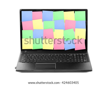 Sticky Note Papers on Notebook computer Screen isolated on white background