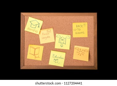 sticky note or post is on cork bulletin billboard isolated on black background..
