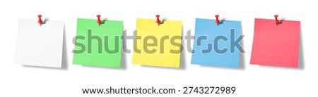 Sticky note reminder. Post it note paper. White, Yellow, Red ,Green and blue sheets for notes isolated on background.