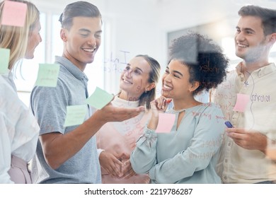 Sticky Note, Strategy And Teamwork Of Business People In Office On Moodboard, Storyboard Or Glass Wall. Working, Innovation And Ideas Of Staff, Group And Leader Planning Together On Vision Board.